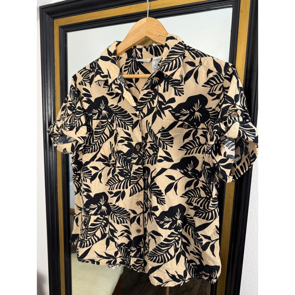 White Stag Vallejo Tan Black Tropical Floral Button Up Shirt Roll Tab Size Large